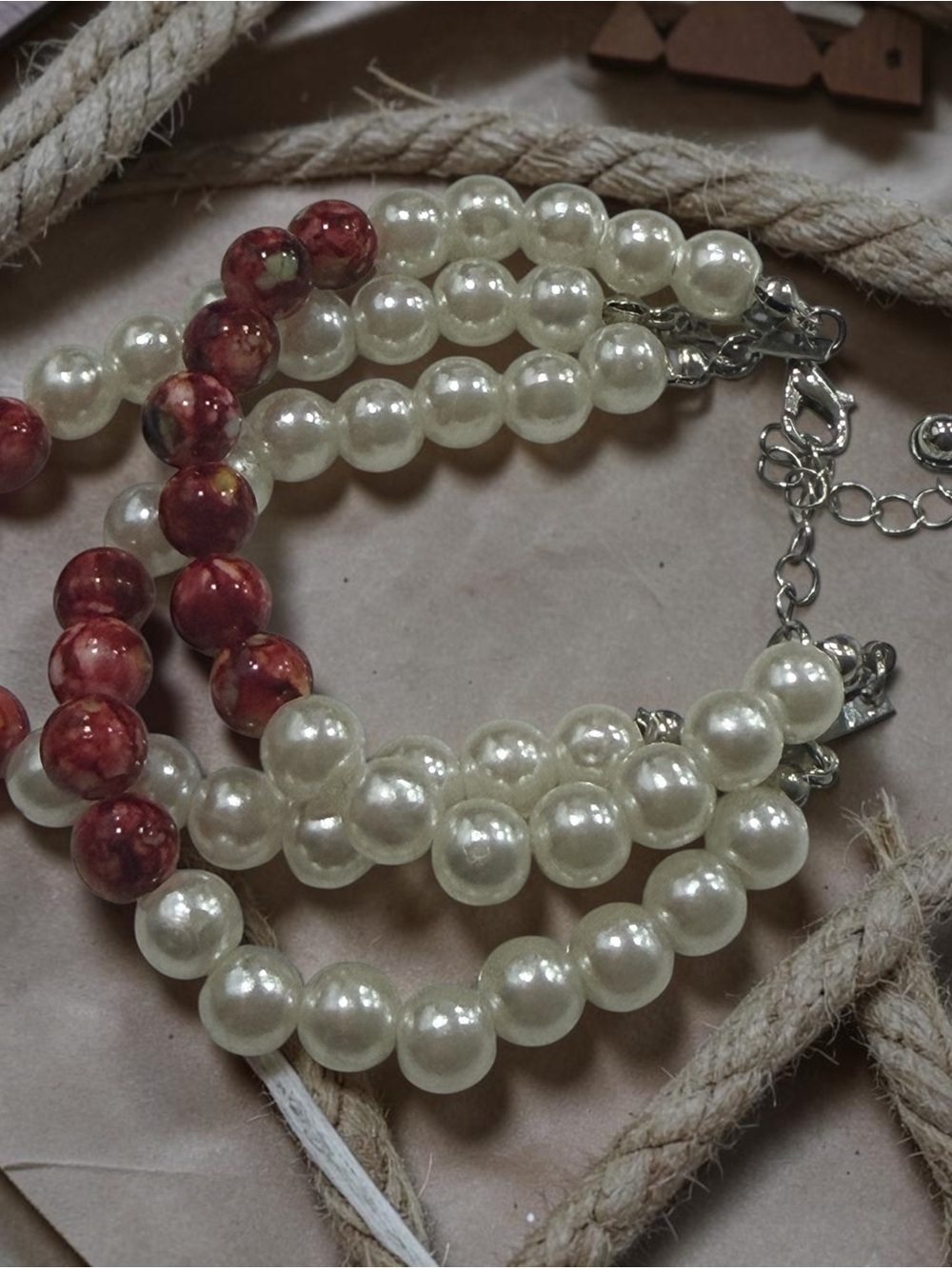 Pearl and Red Bead Triple-Strand Bracelet - Unbranded